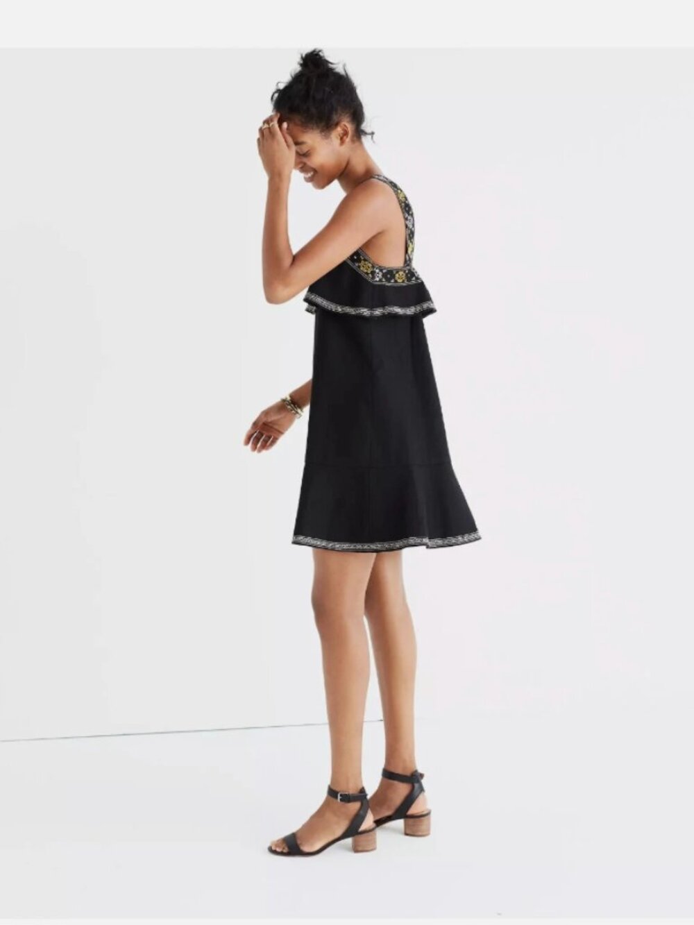 Madewell Linen-Blend Embroidered Ruffle Mini Dress Black XL Size 14 - 16 - Picture 3 of 7